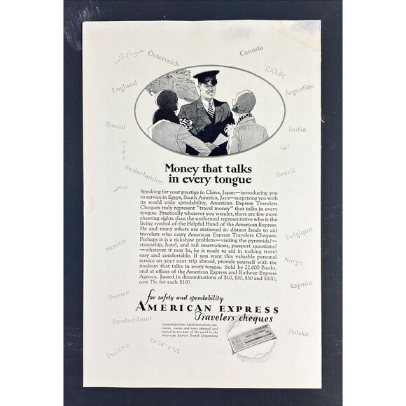 American Express Travelers Checks "Money That Talks in Every Tongue" VTG Ad 1929 - Picture 3 of 3